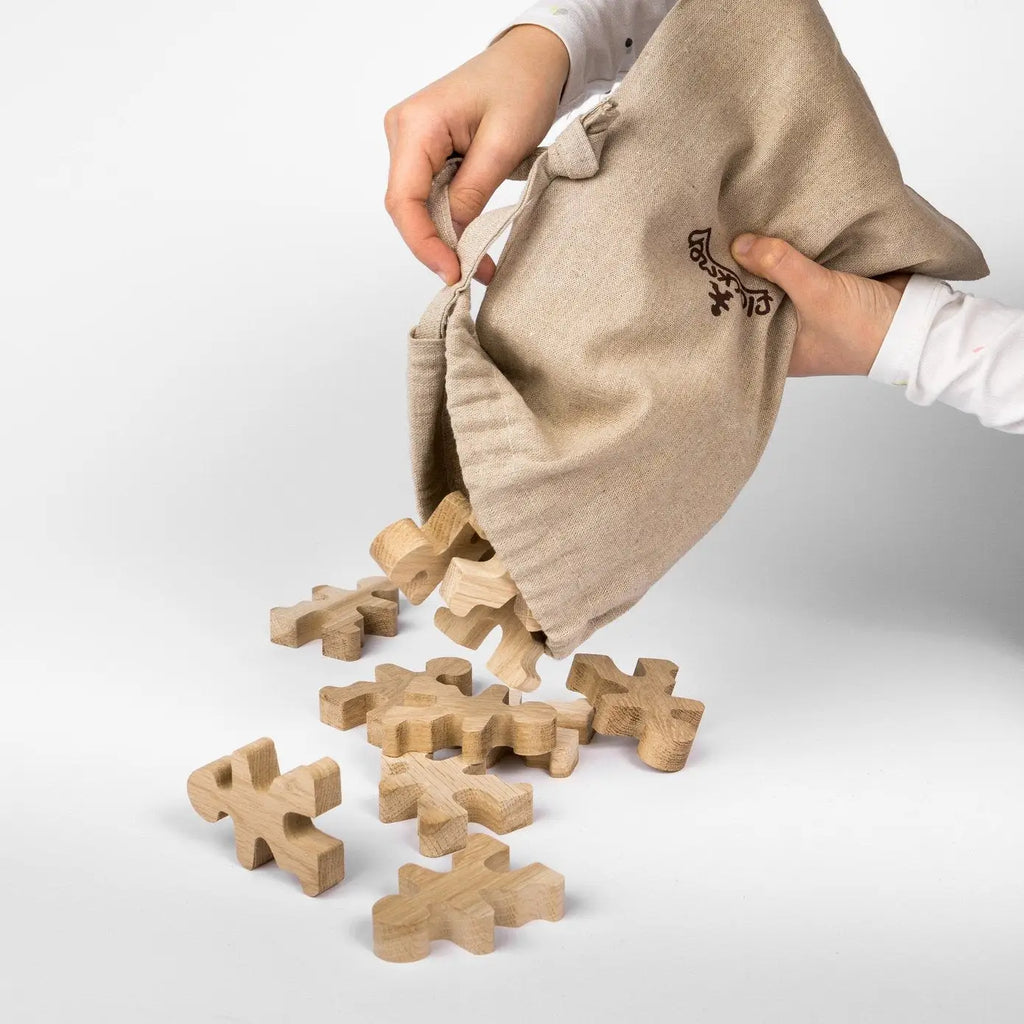 Wooden puzzle pieces spilling from a cloth bag.