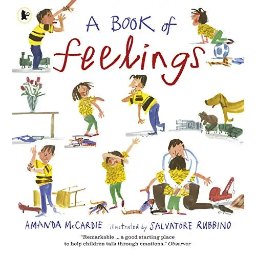 Book cover titled ’A Book of Feelings’ featuring colorful illustrations of children expressing various emotions.