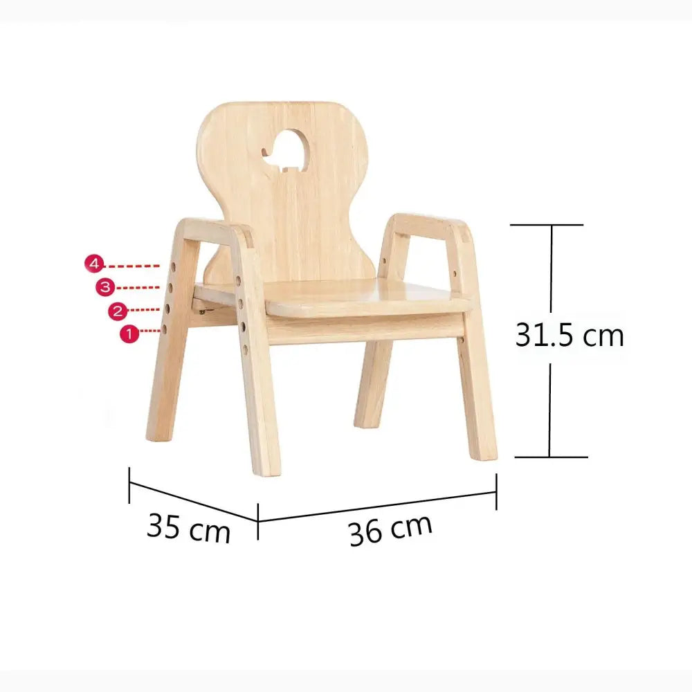 Wooden children’s chair with armrests and a curved backrest featuring a cutout design.