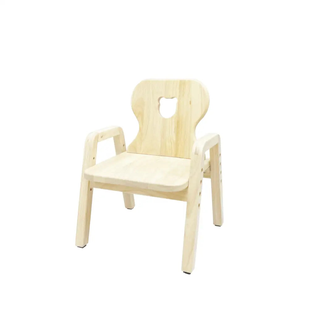 Pale wooden children’s chair with armrests and a curved backrest.