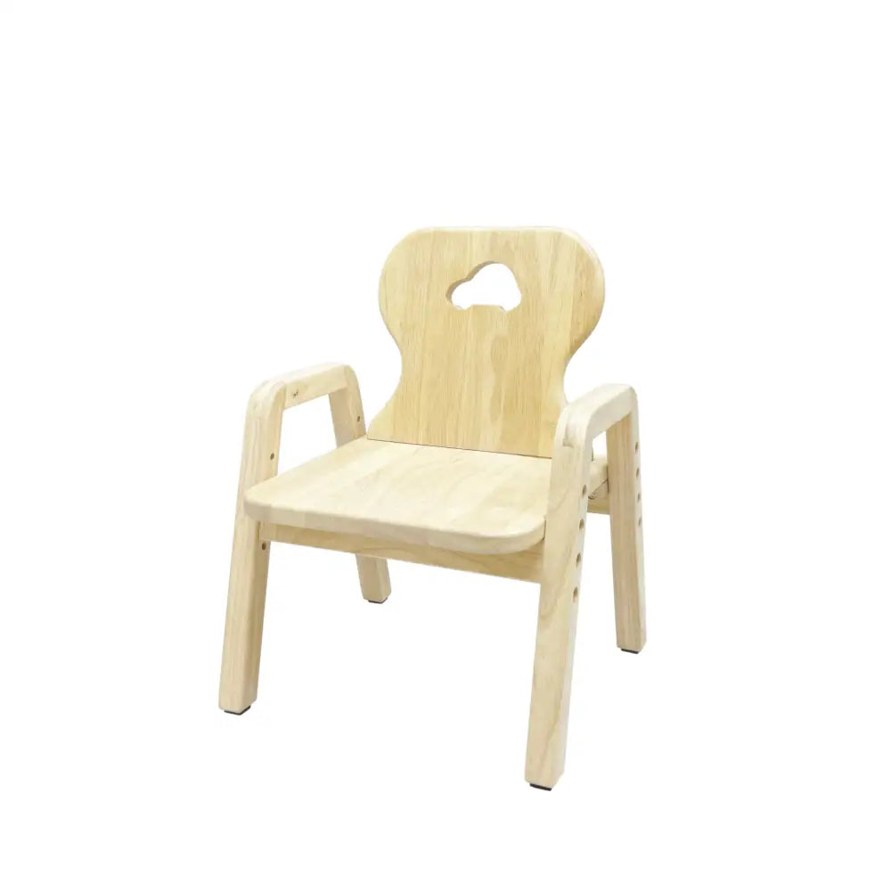 Pale wooden children’s chair with armrests and a curved backrest.