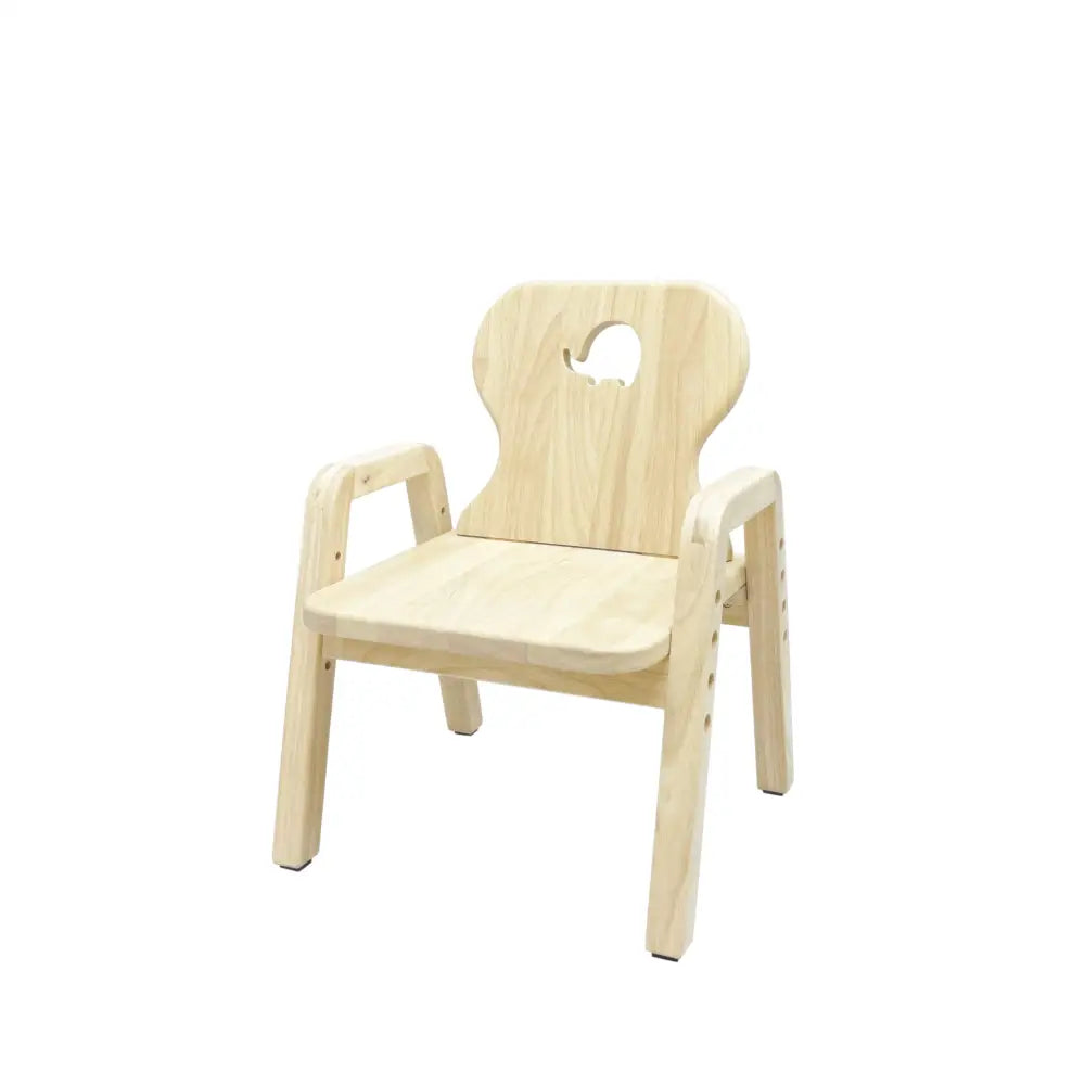 Pale wooden children’s chair with armrests and a heart-shaped cutout in the backrest.