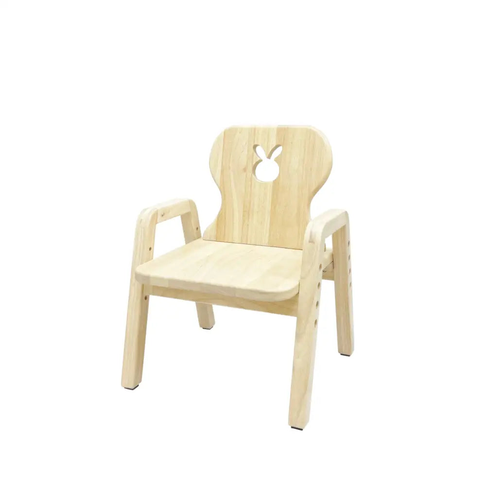 Pale wooden children’s chair with armrests and a rabbit-shaped cutout in the backrest.