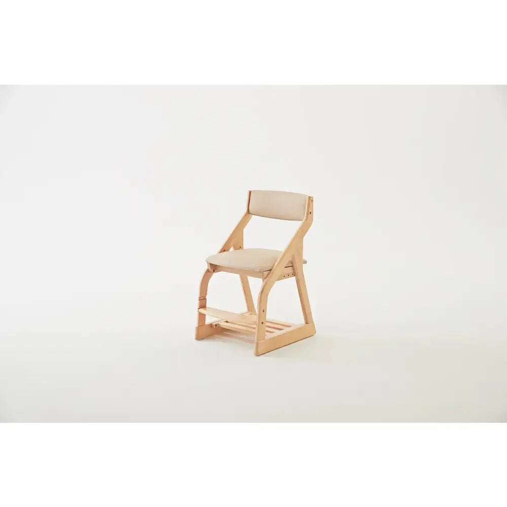 Wooden chair with a beige cushioned seat and backrest.