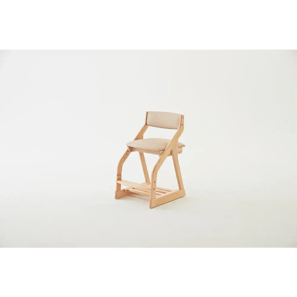 Wooden chair with a curved backrest and beige fabric seat.