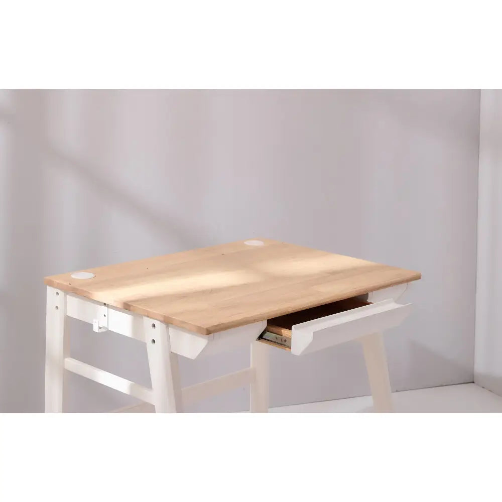 Wooden desk or table with a white base and a pull-out drawer.