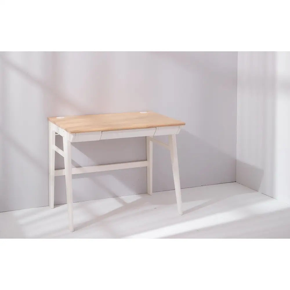 Simple wooden desk with white legs and a natural wood top.