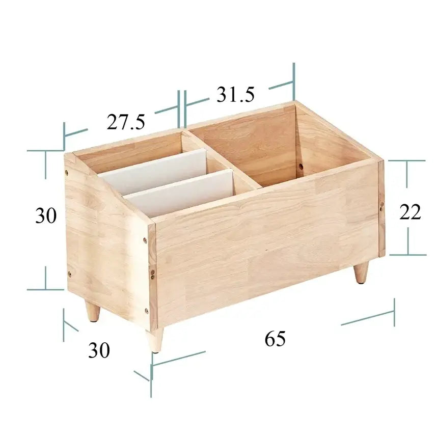 Wooden storage box with compartments and legs, labeled with dimensions.