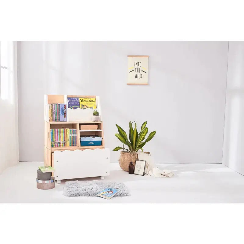 Wooden bookshelf with books and decorative items.