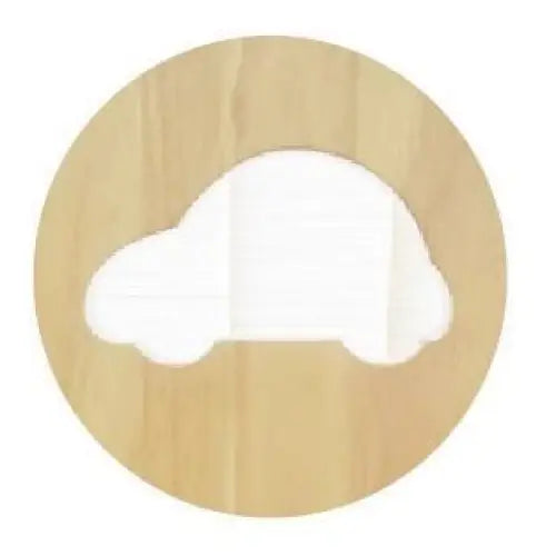 Simple white silhouette of a car on a circular beige background.