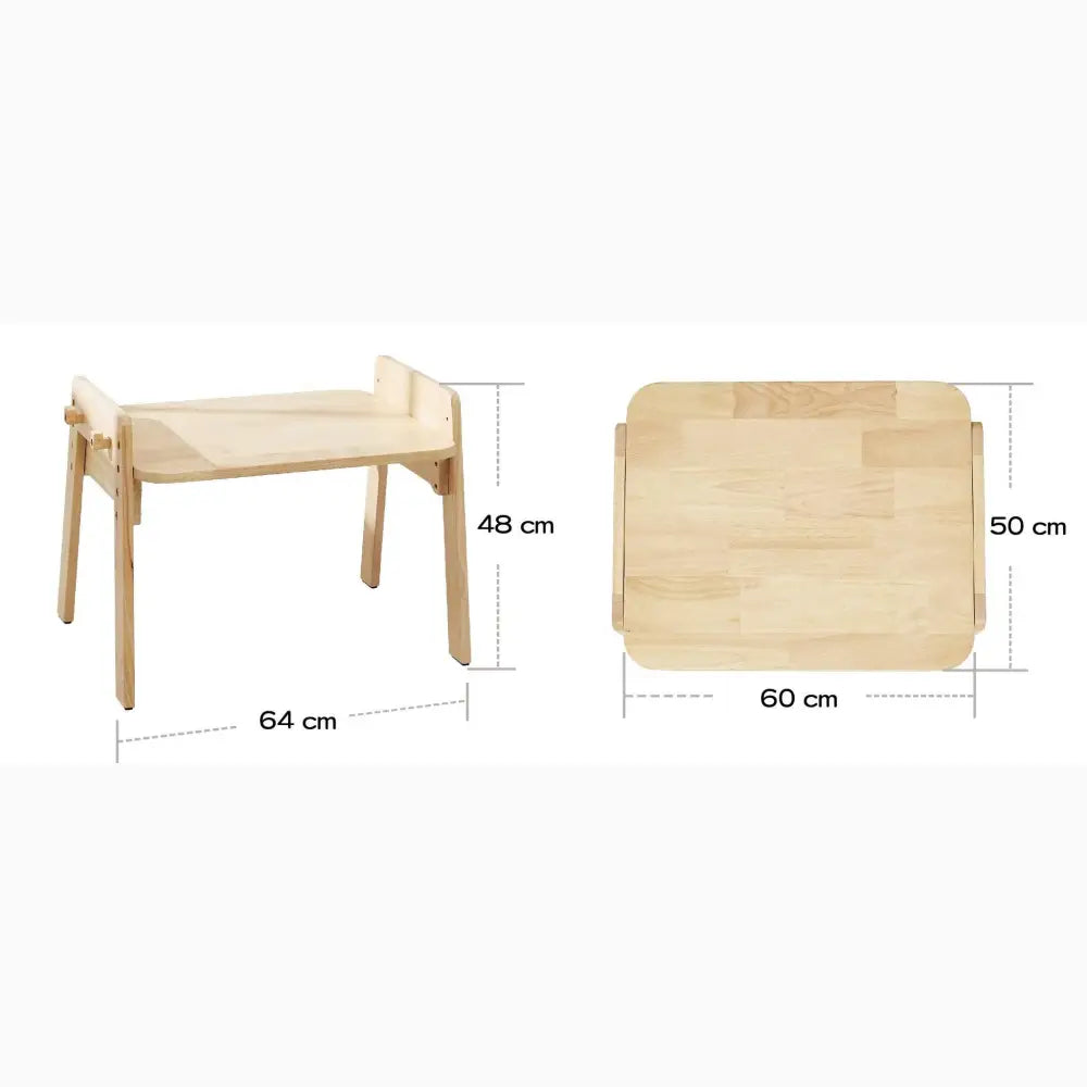 Wooden bench or stool with simple, minimalist design and measurements shown.