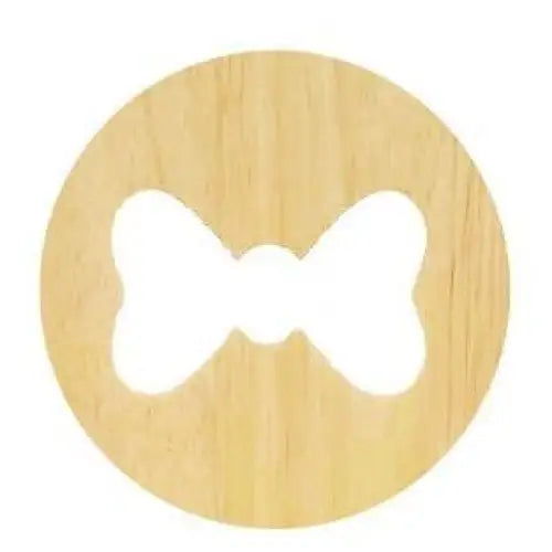 Bow-shaped cutout within a circular wooden frame.