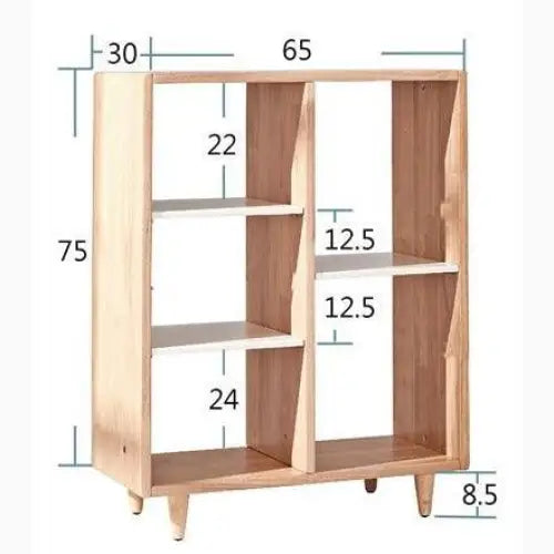 Wooden bookshelf with multiple compartments of varying sizes.