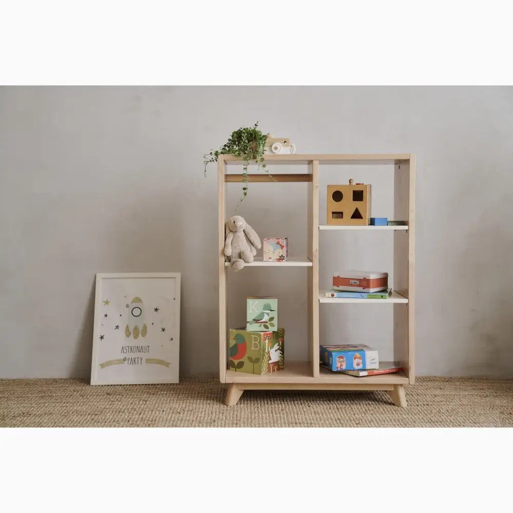 Wooden shelving unit with multiple compartments displaying children’s toys and books.