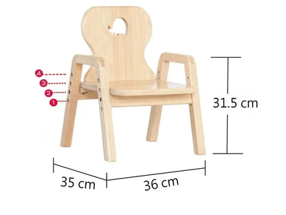 Wooden children’s chair with armrests and a curved backrest.