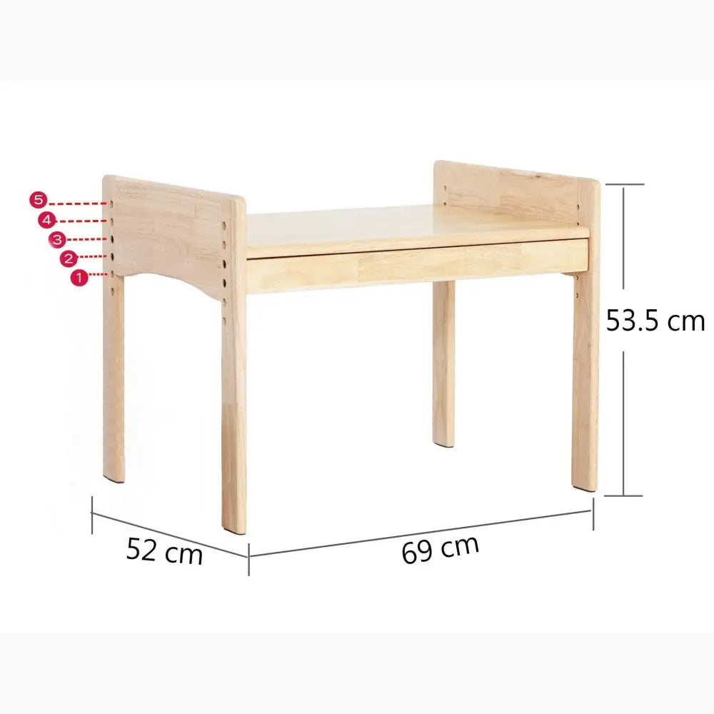 Wooden bench or stool with adjustable height settings indicated by red dots.