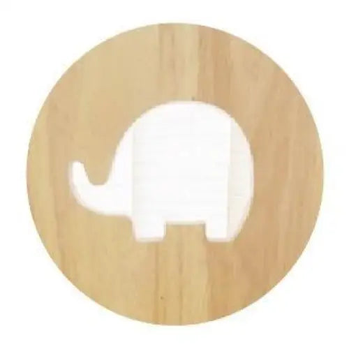 Simple white elephant silhouette on a circular wooden background.