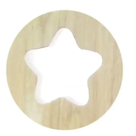 White star-shaped cutout within a circular wooden frame.