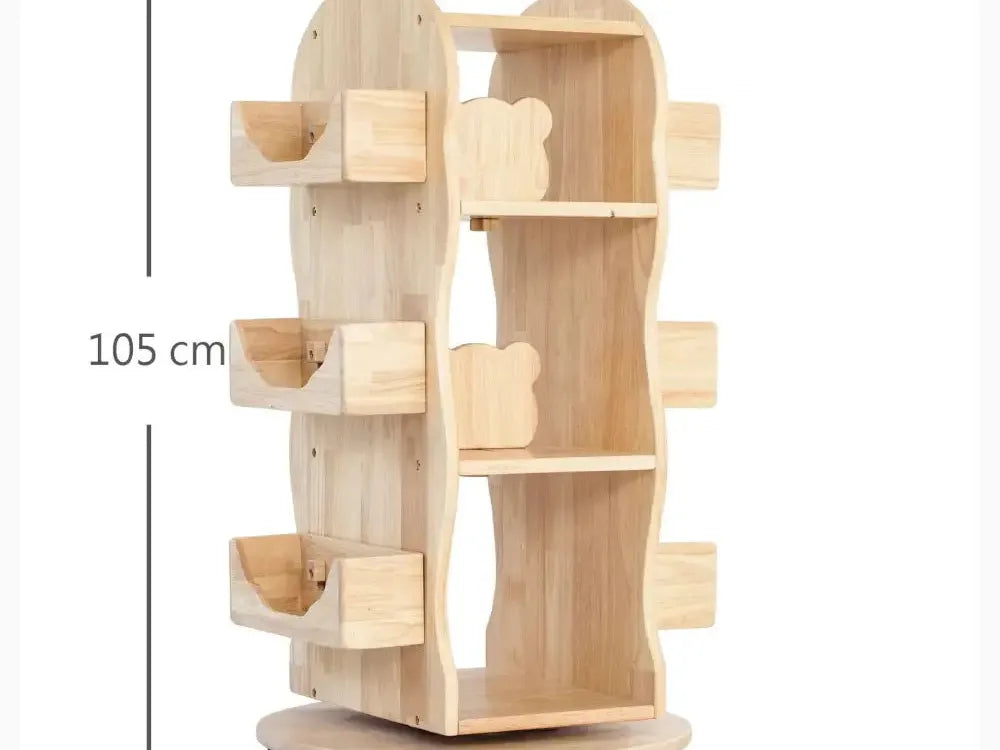 Rotating wooden bookshelf or display unit with multiple shelves and compartments.