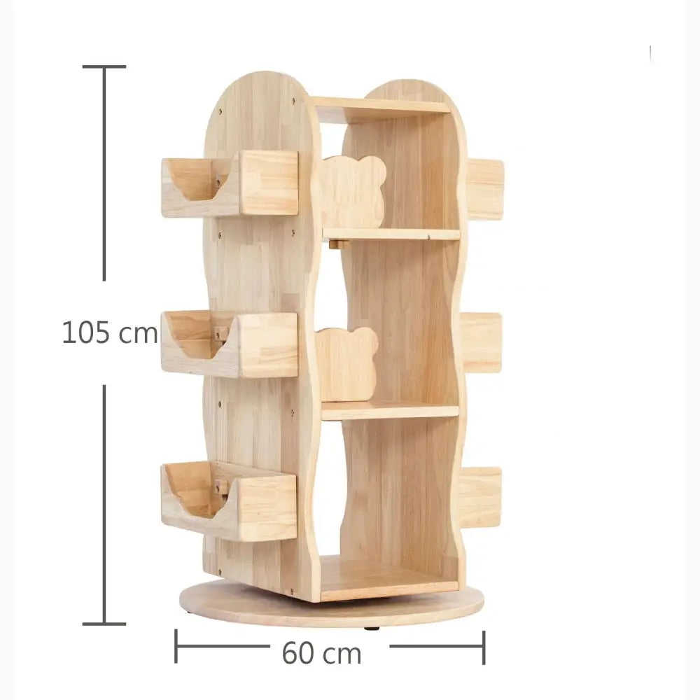 Rotating wooden bookshelf or display unit with multiple shelves and compartments.