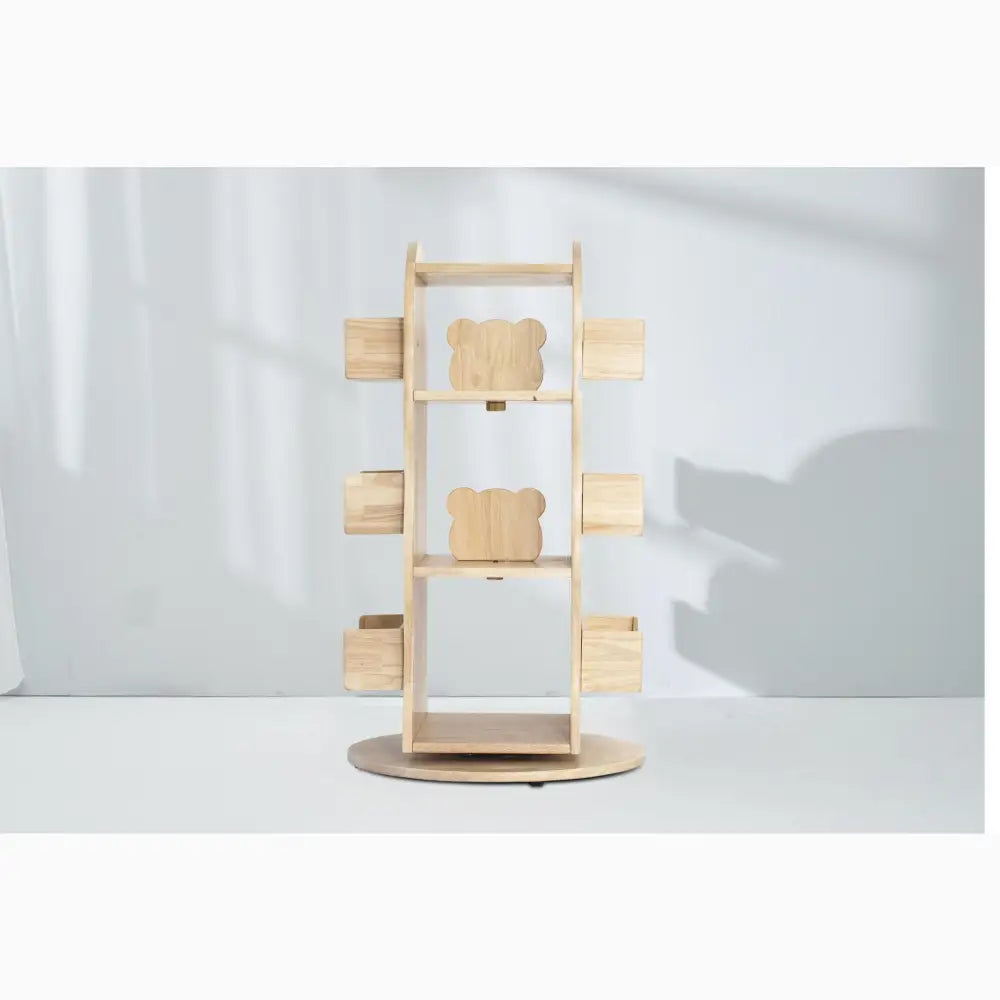 Wooden rotating display shelf with multiple tiers and square compartments.