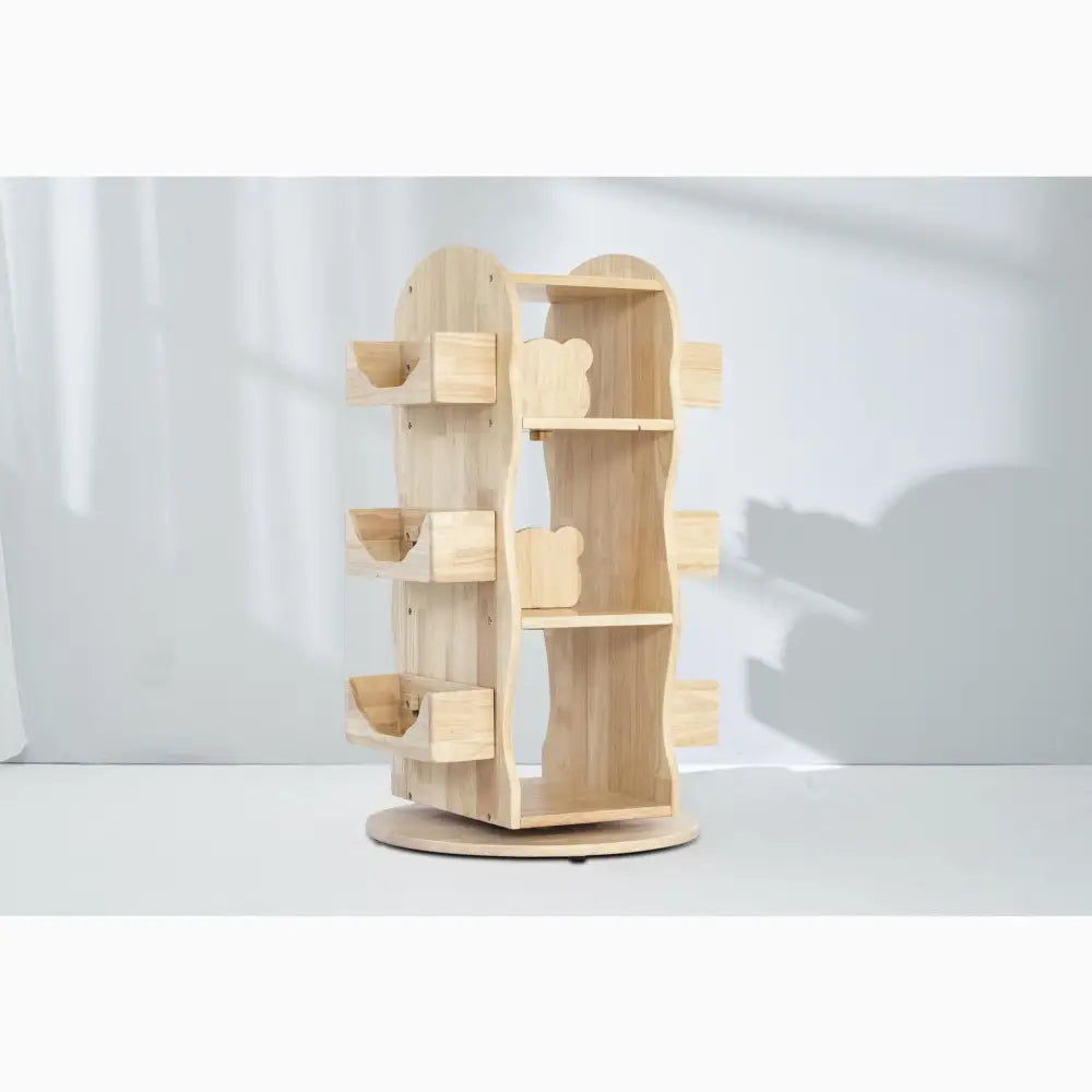 Wooden rotating spice rack or organizer with multiple shelves and compartments.