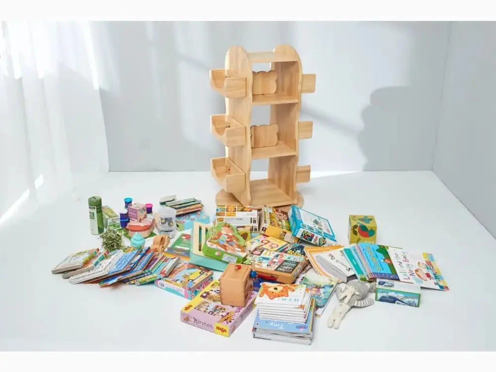 Wooden shelving unit or bookcase with multiple compartments.