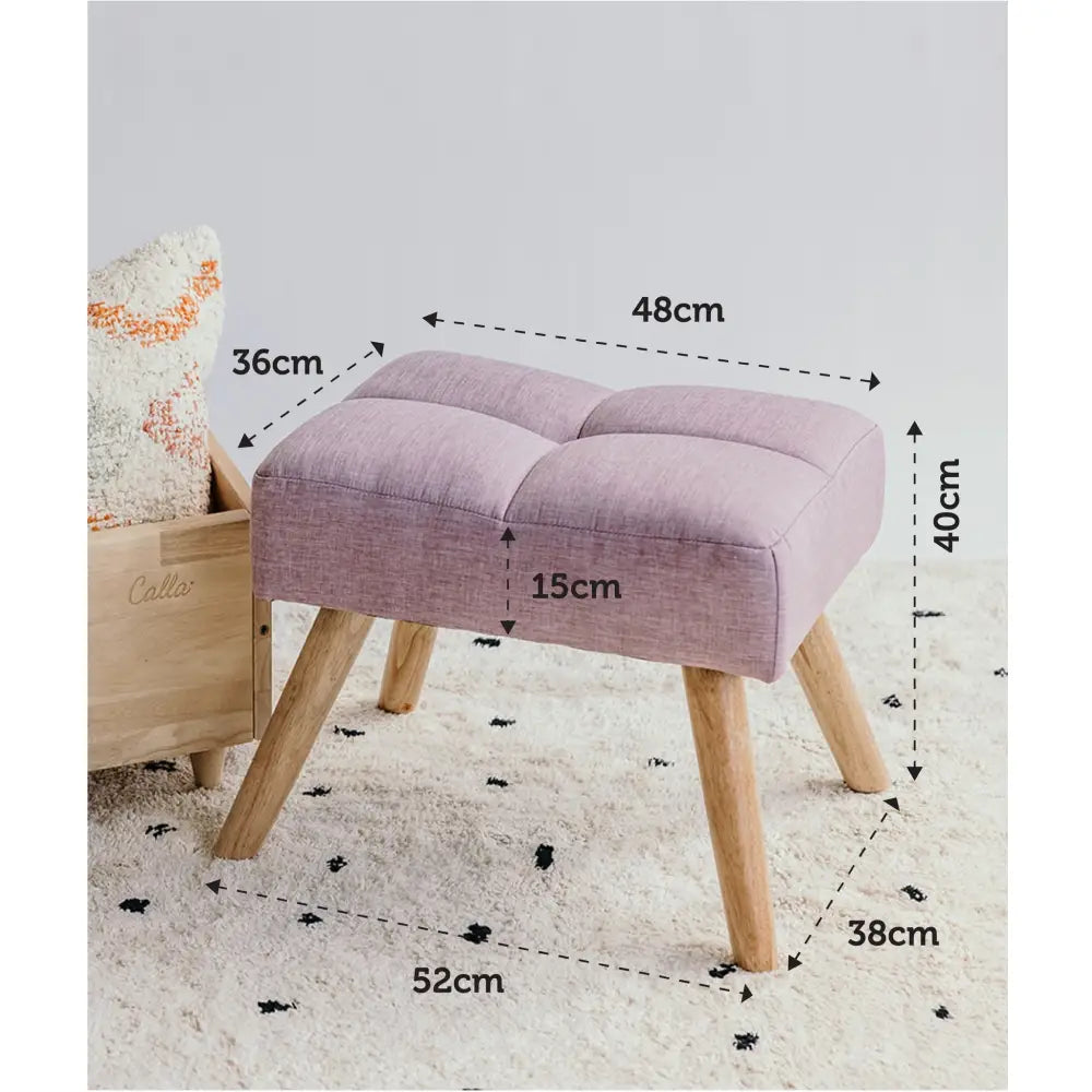 Lavender upholstered footstool with wooden legs and labeled dimensions.