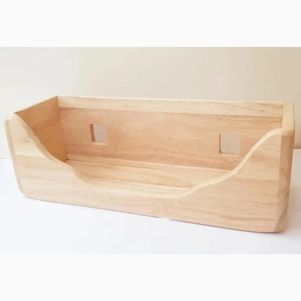 Wooden desk organizer with curved sides and open front.