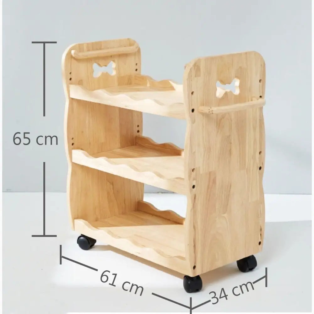 Wooden rolling cart with three shelves and bone-shaped cutouts on the sides.