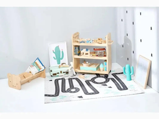 Wooden bookshelf or storage unit with toys and books on its shelves.