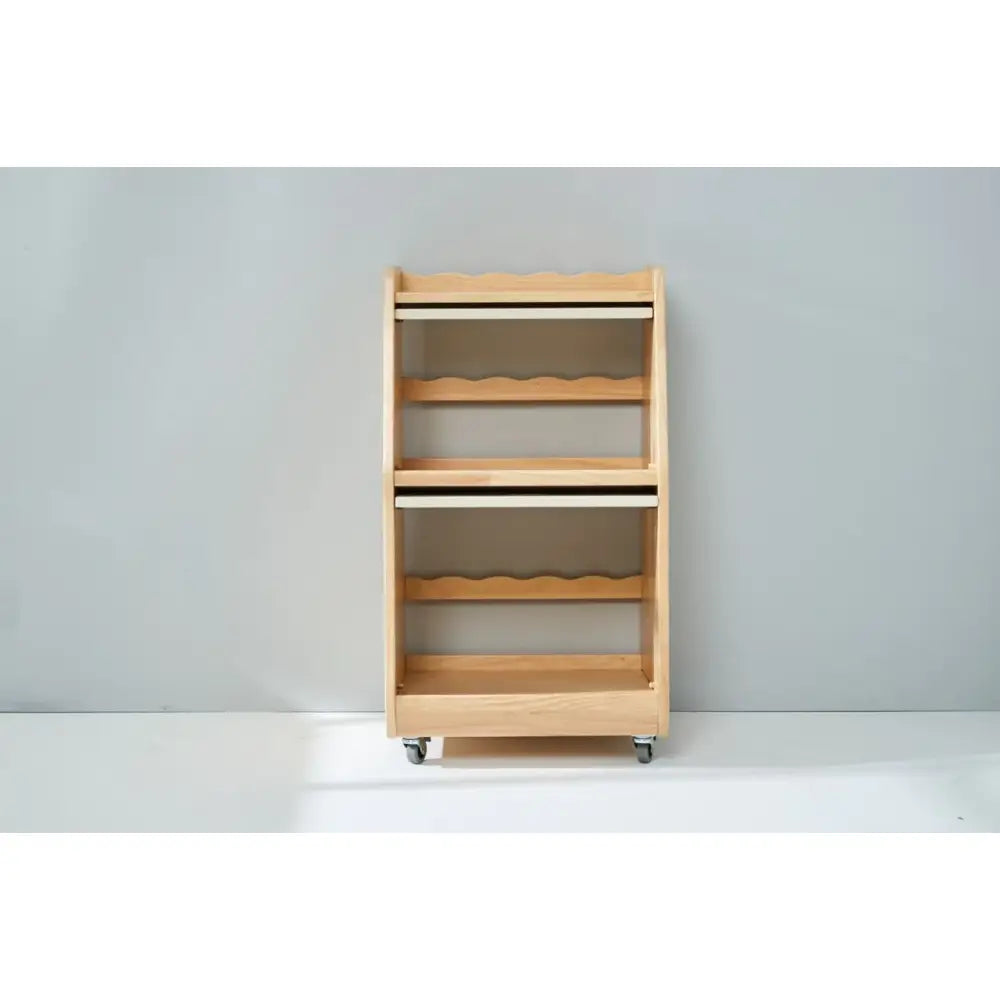 Wooden rolling cart with open shelves and storage compartments.