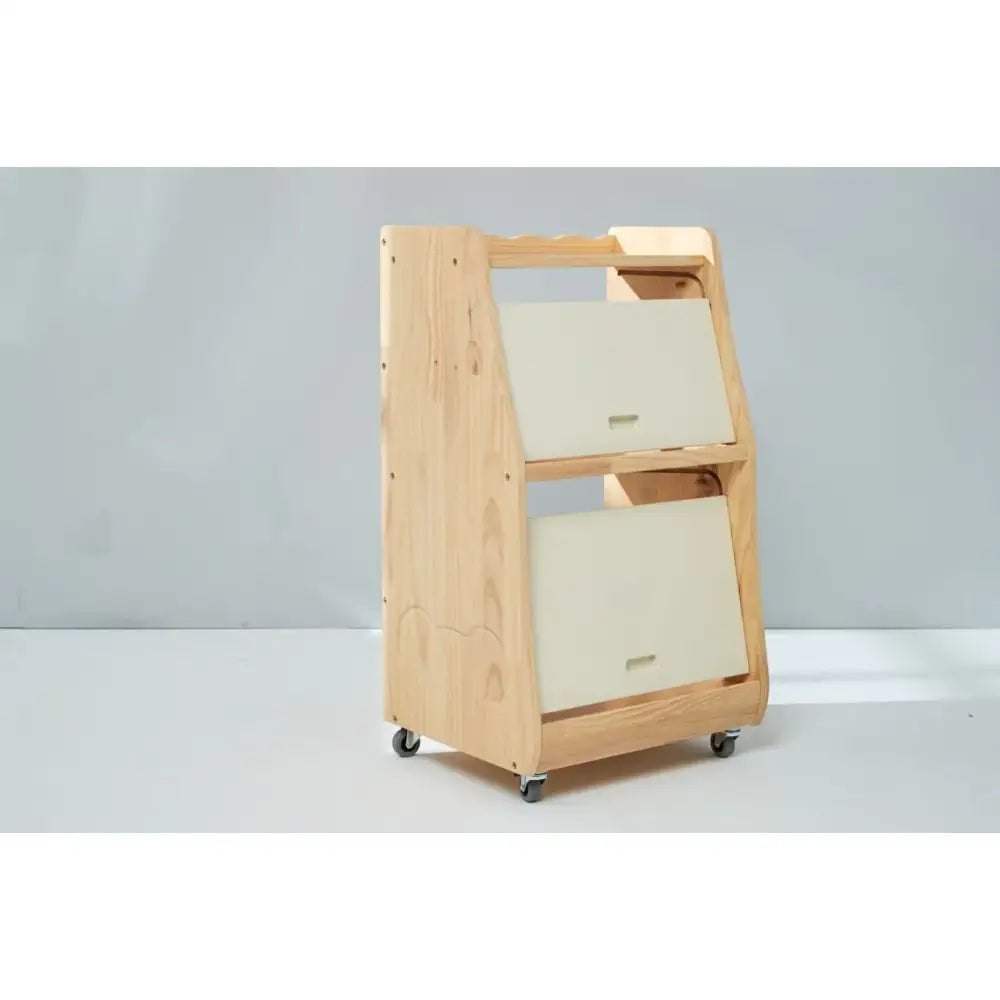 Wooden storage cart with two tilted fabric bins on wheels.