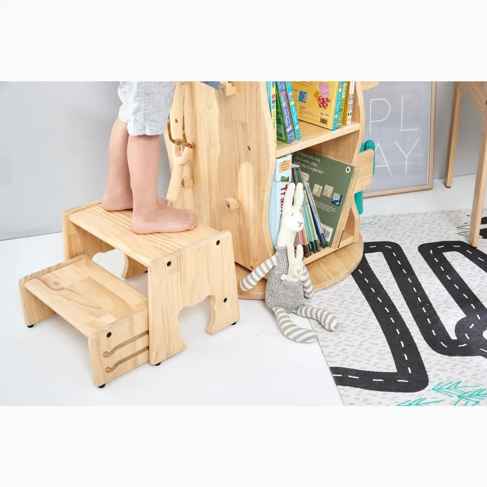 Wooden step stool with two steps for children.