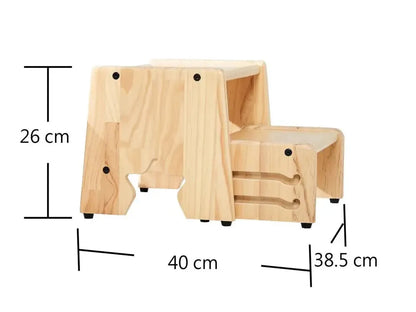 Wooden stool with a smaller attached step or footrest.