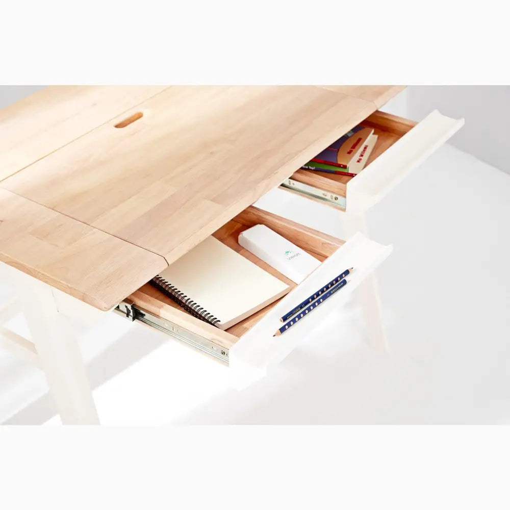 Wooden desk with built-in storage drawers.