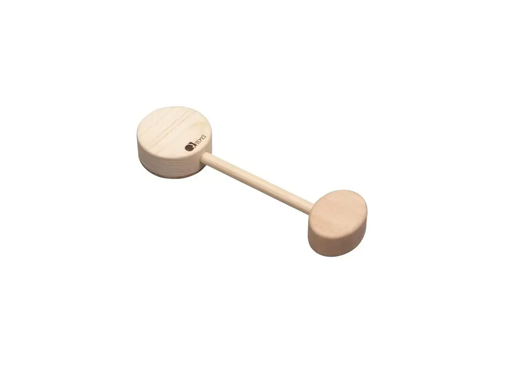 Wooden dumbbell-shaped toy or rattle with two circular ends connected by a narrow handle.