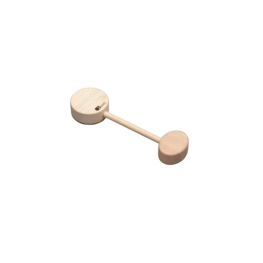Wooden dumbbell-shaped toy or rattle with two circular ends connected by a narrow handle.