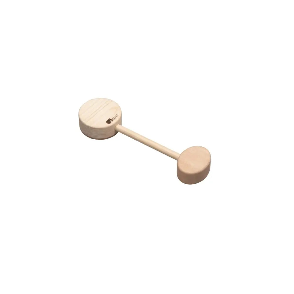 Wooden dumbbell-shaped toy or rattle with two circular ends connected by a narrow handle.