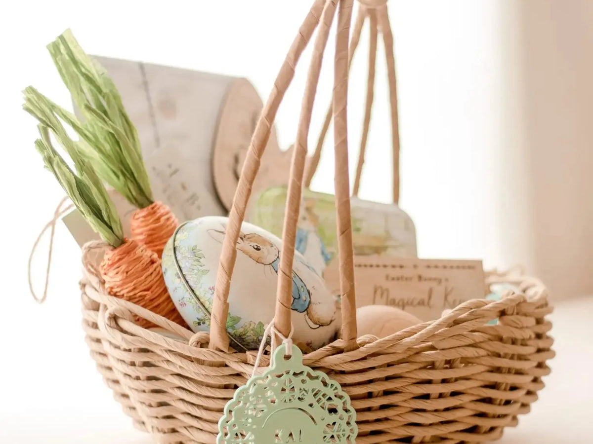 Woven basket containing vegetables, eggs, and decorative items.
