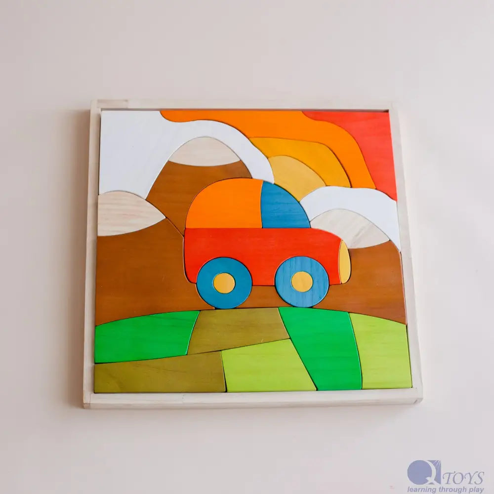 Colorful wooden puzzle depicting a car in a landscape with sun and clouds.