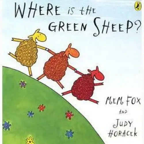 Book cover featuring three colorful cartoon sheep on a hill.