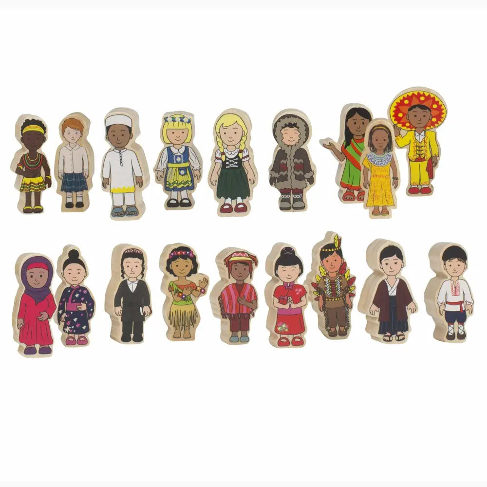 Collection of wooden figurines representing children from diverse cultural backgrounds and traditional attire.