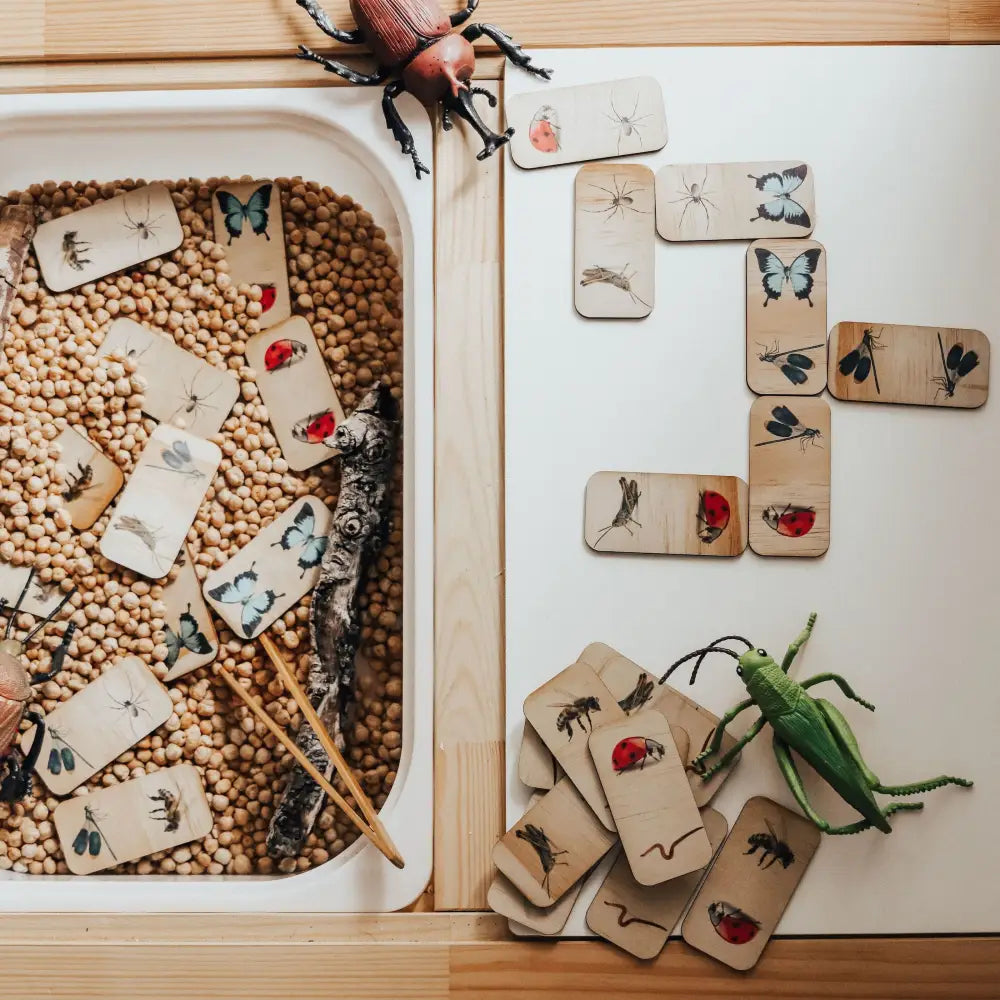 Sensory bin filled with chickpeas and wooden nature-themed dominoes.