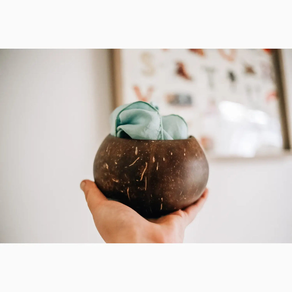 Coconut shell bowl with turquoise fabric.