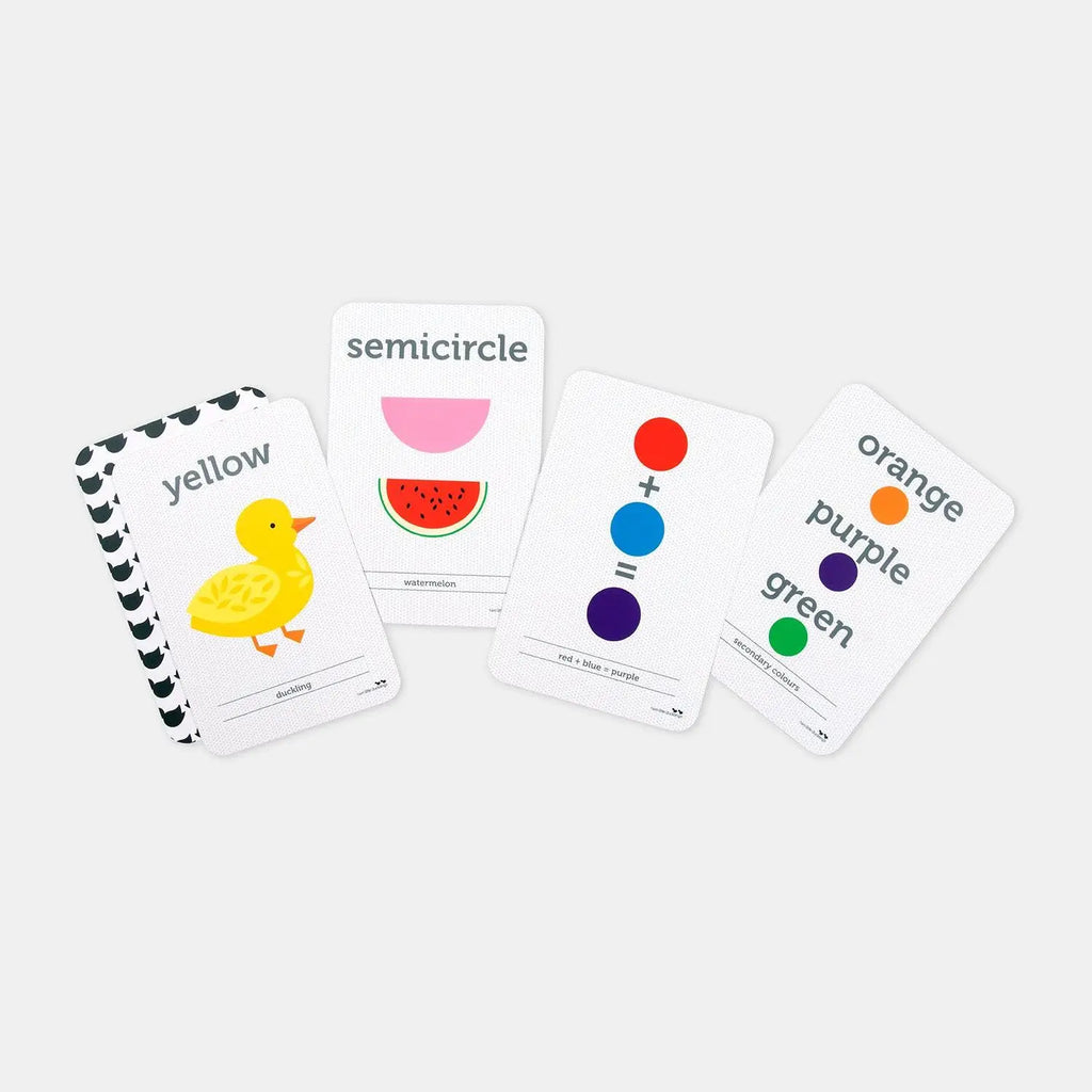 Set of educational flashcards featuring colors, shapes, and a cartoon duck.