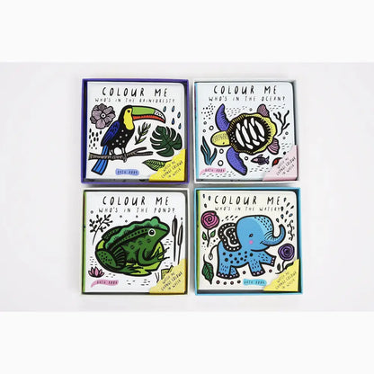 Set of four ’Colour Me’ children’s coloring books featuring animal designs.