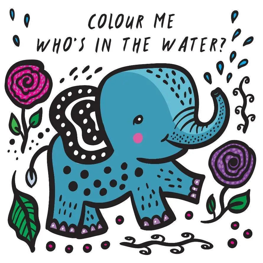 Cartoon elephant spraying water from its trunk, surrounded by stylized flowers and water droplets.