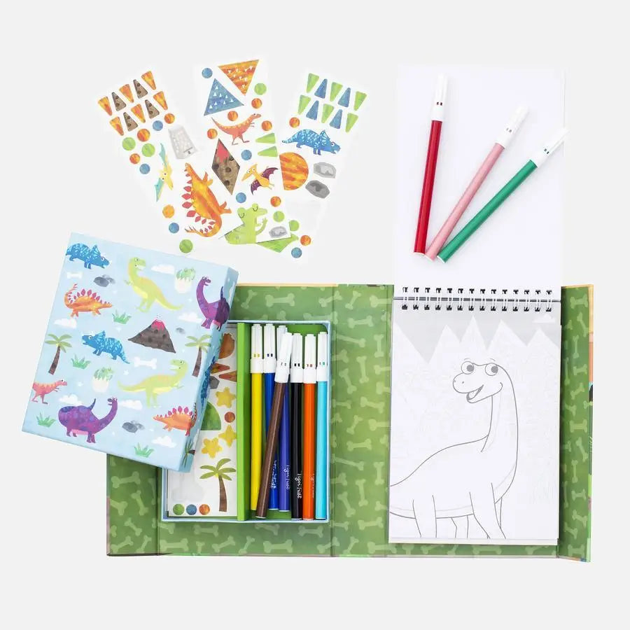 Children’s art supplies featuring dinosaur-themed stickers, colored pencils, and a sketchbook with a dinosaur drawing.