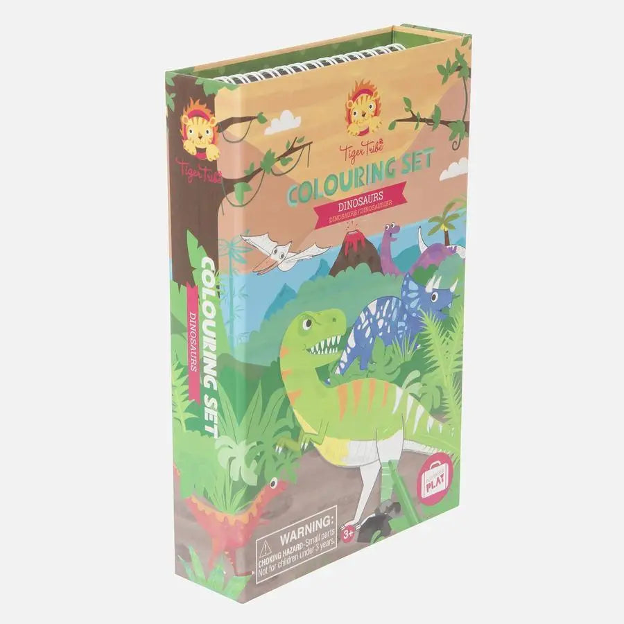 Dinosaur-themed coloring set box with colorful prehistoric illustrations.